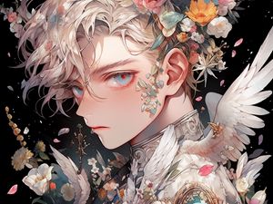 Preview wallpaper guy, flowers, wings, anime