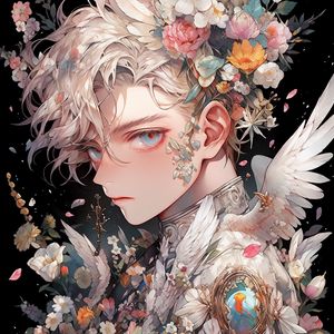 Preview wallpaper guy, flowers, wings, anime