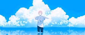 Preview wallpaper guy, gesture, clouds, water, freedom, anime, art