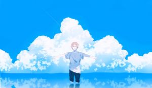 Preview wallpaper guy, gesture, clouds, water, freedom, anime, art