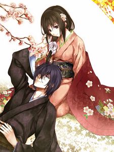 Preview wallpaper guy, girl, tenderness, kimono, sakura