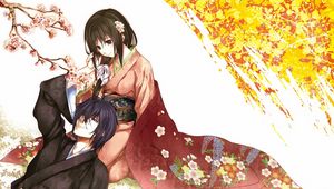 Preview wallpaper guy, girl, tenderness, kimono, sakura