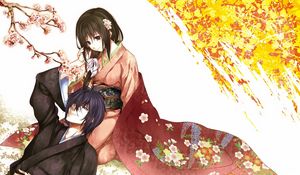 Preview wallpaper guy, girl, tenderness, kimono, sakura