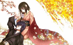 Preview wallpaper guy, girl, tenderness, kimono, sakura