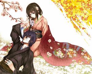 Preview wallpaper guy, girl, tenderness, kimono, sakura