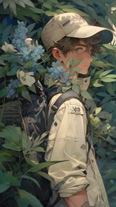 Preview wallpaper guy, glance, cap, backpack, leaves, flowers, anime
