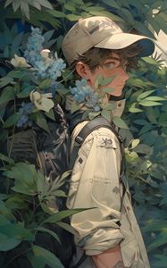 Preview wallpaper guy, glance, cap, backpack, leaves, flowers, anime