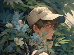 Preview wallpaper guy, glance, cap, backpack, leaves, flowers, anime
