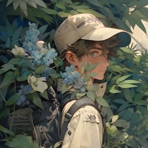 Preview wallpaper guy, glance, cap, backpack, leaves, flowers, anime