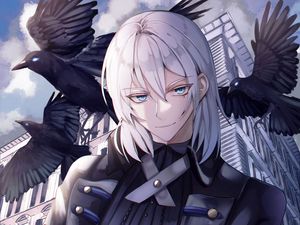 Preview wallpaper guy, glance, crows, birds, anime