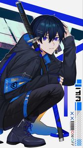 Preview wallpaper guy, glance, pose, katana, anime, art, blue