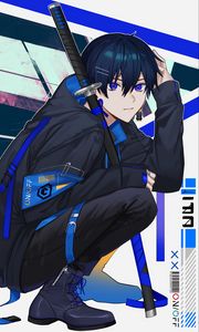 Preview wallpaper guy, glance, pose, katana, anime, art, blue