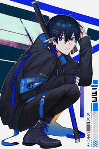 Preview wallpaper guy, glance, pose, katana, anime, art, blue