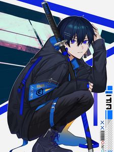 Preview wallpaper guy, glance, pose, katana, anime, art, blue