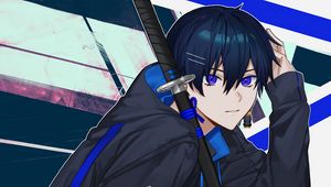 Preview wallpaper guy, glance, pose, katana, anime, art, blue