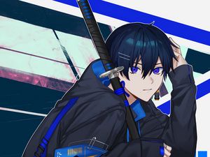 Preview wallpaper guy, glance, pose, katana, anime, art, blue