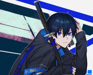 Preview wallpaper guy, glance, pose, katana, anime, art, blue