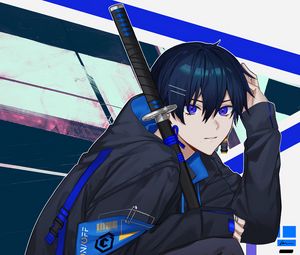 Preview wallpaper guy, glance, pose, katana, anime, art, blue