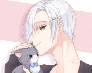 Preview wallpaper guy, glance, toy, kitten, anime, art