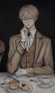 Preview wallpaper guy, glasses, tea party, anime, art, vintage