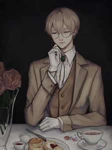 Preview wallpaper guy, glasses, tea party, anime, art, vintage