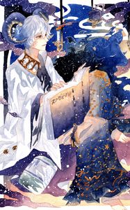 Preview wallpaper guy, horns, snow, watercolor, anime