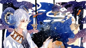 Preview wallpaper guy, horns, snow, watercolor, anime