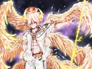 Preview wallpaper guy, horns, wings, fantasy, anime, art