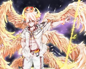 Preview wallpaper guy, horns, wings, fantasy, anime, art