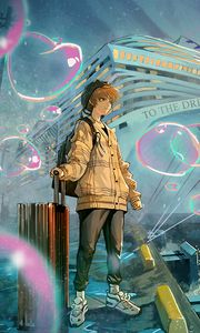 Preview wallpaper guy, jacket, traveler, ship, anime, art