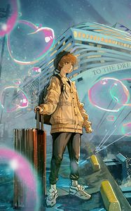 Preview wallpaper guy, jacket, traveler, ship, anime, art