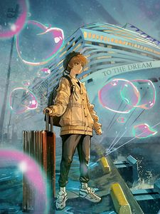 Preview wallpaper guy, jacket, traveler, ship, anime, art