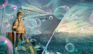 Preview wallpaper guy, jacket, traveler, ship, anime, art