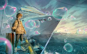 Preview wallpaper guy, jacket, traveler, ship, anime, art