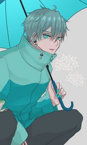 Preview wallpaper guy, jacket, umbrella, anime, art, blue