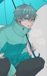 Preview wallpaper guy, jacket, umbrella, anime, art, blue