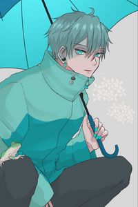 Preview wallpaper guy, jacket, umbrella, anime, art, blue