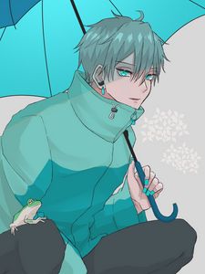 Preview wallpaper guy, jacket, umbrella, anime, art, blue