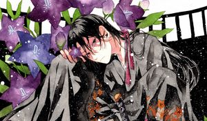 Preview wallpaper guy, kimono, flowers, snow, anime