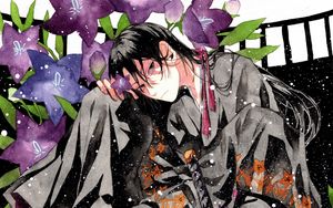 Preview wallpaper guy, kimono, flowers, snow, anime
