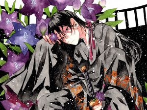 Preview wallpaper guy, kimono, flowers, snow, anime