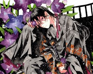 Preview wallpaper guy, kimono, flowers, snow, anime