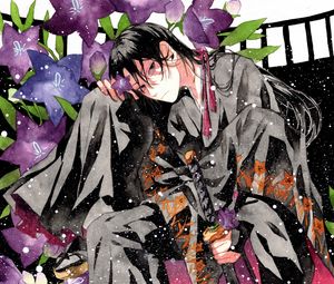 Preview wallpaper guy, kimono, flowers, snow, anime