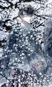 Preview wallpaper guy, kimono, flowers, snow, watercolor, anime