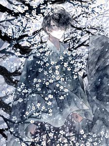 Preview wallpaper guy, kimono, flowers, snow, watercolor, anime