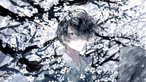 Preview wallpaper guy, kimono, flowers, snow, watercolor, anime