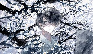 Preview wallpaper guy, kimono, flowers, snow, watercolor, anime