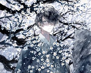 Preview wallpaper guy, kimono, flowers, snow, watercolor, anime