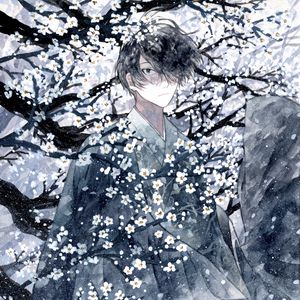 Preview wallpaper guy, kimono, flowers, snow, watercolor, anime