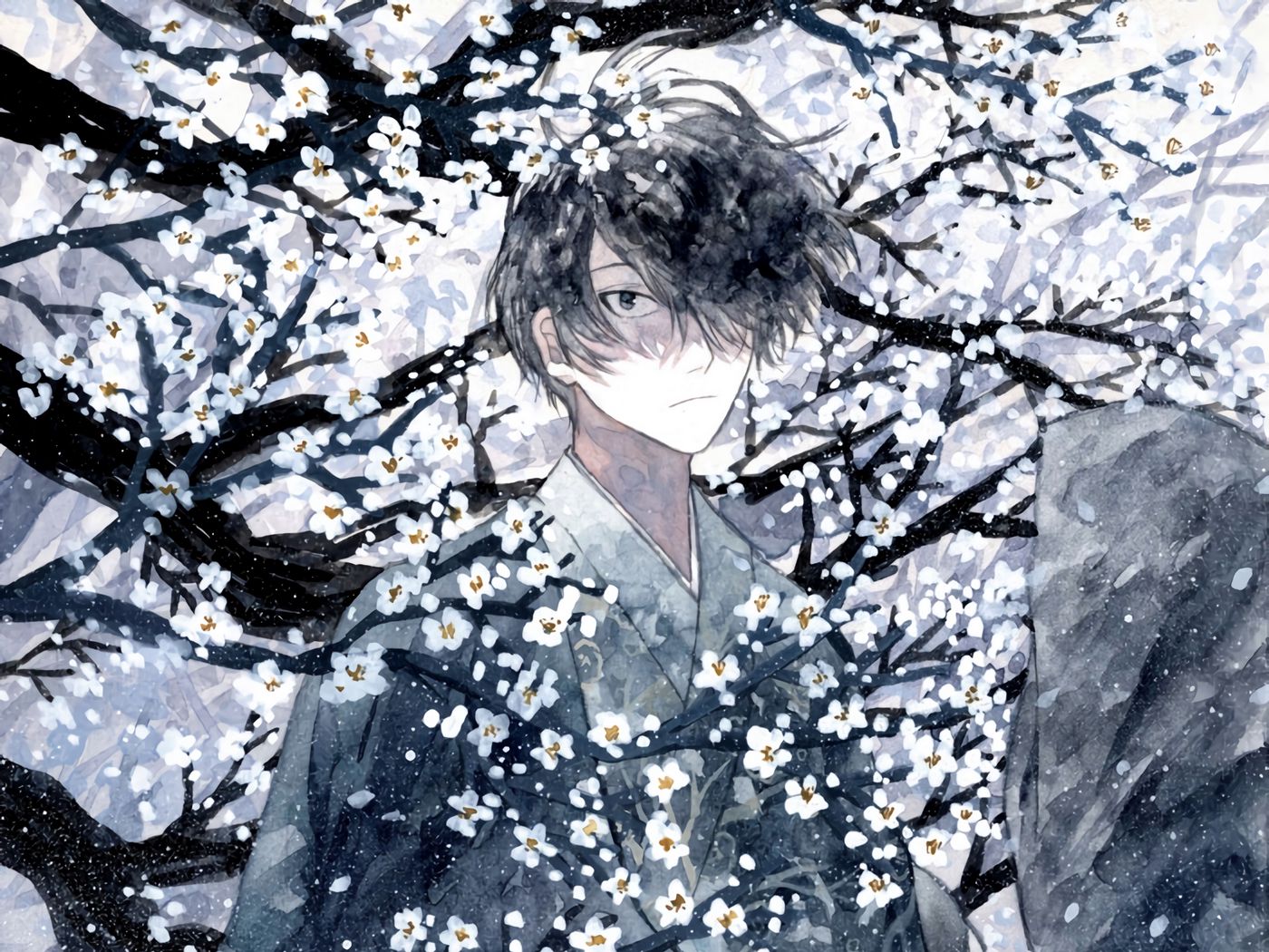 Download wallpaper 1400x1050 guy, kimono, samurai, sakura, anime, art ...